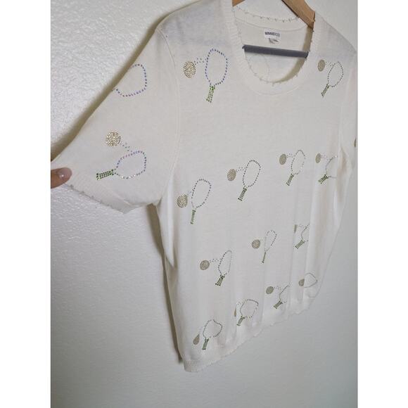Minnie Rose Cashmere Blend Pickleball Frayed Edge White Sweater Shirt Women Sz L - Picture 6 of 10